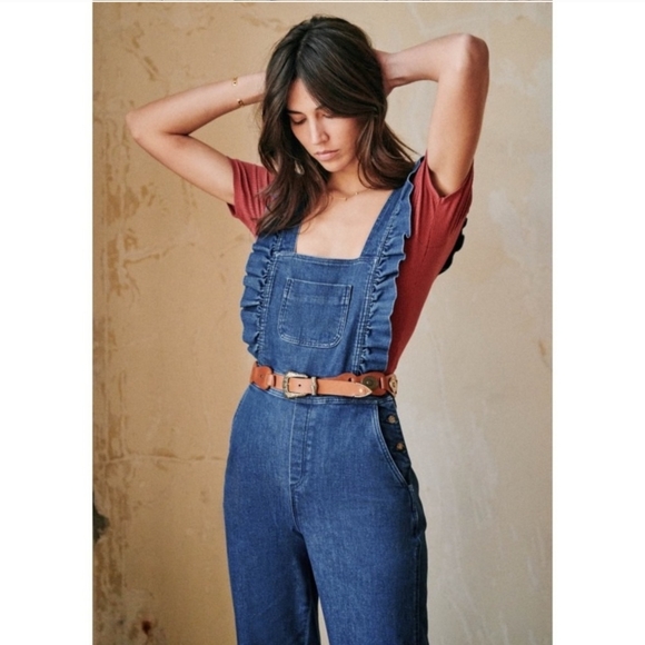 Sezane Rosario Ruffle Denim Overall Jumpsuit - Picture 3 of 8
